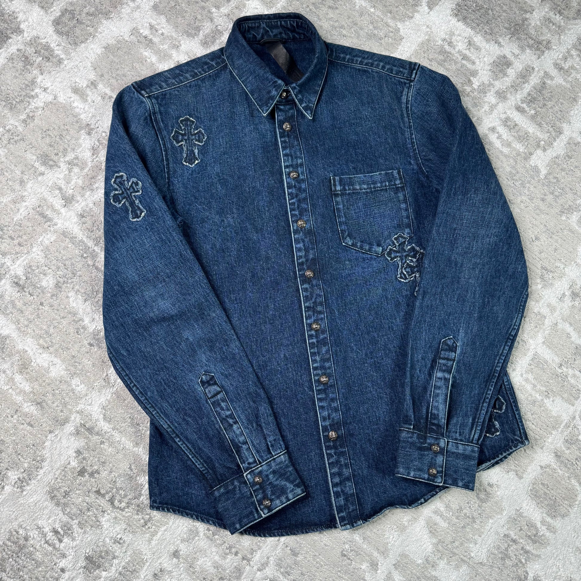 Chrome hearts cutout cross patch denim button up shirt - Million Dollar Streetwear