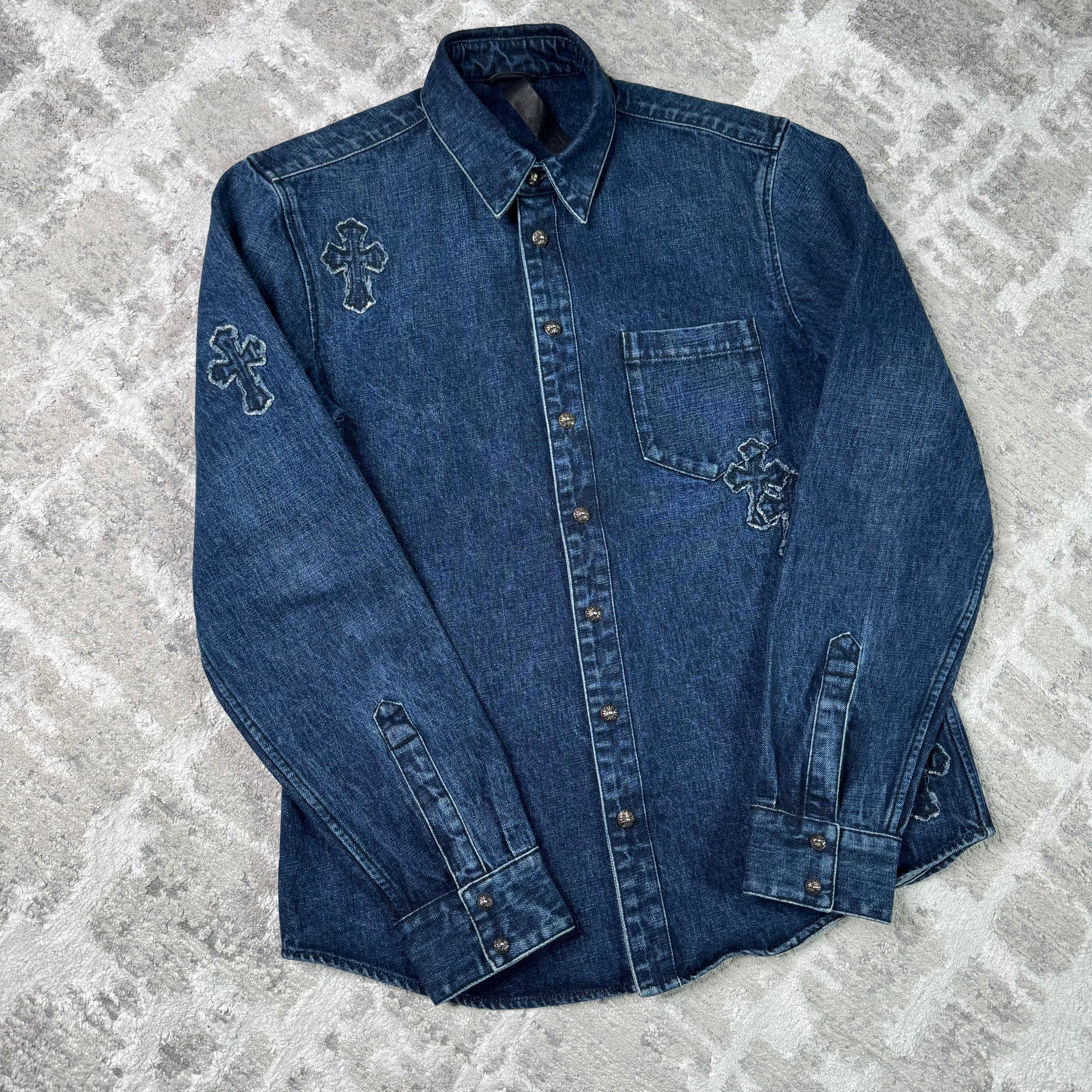 Chrome hearts cutout cross patch denim button up shirt - Million Dollar Streetwear