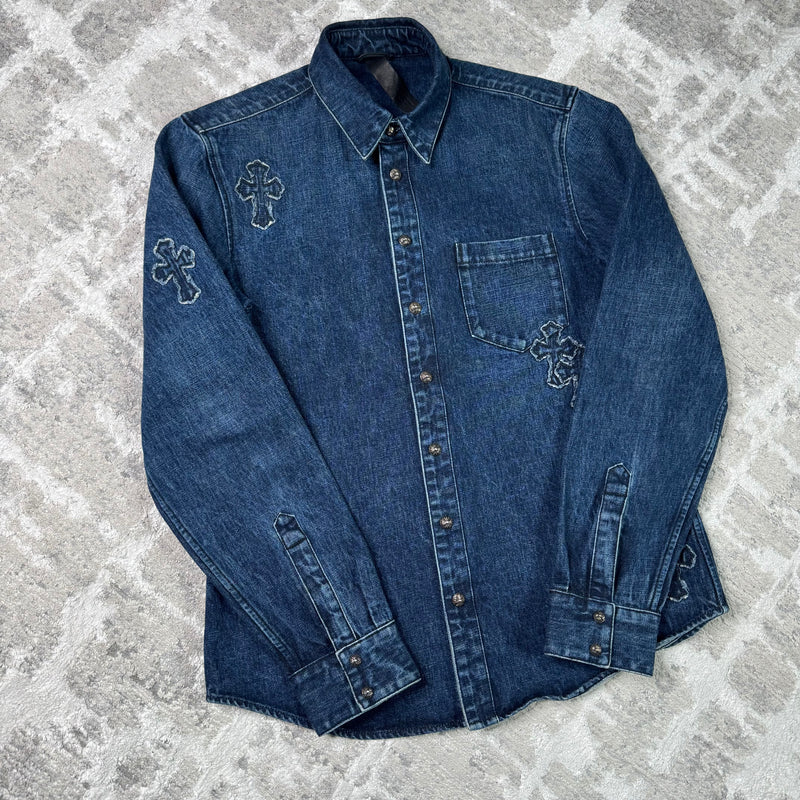 Chrome hearts cutout cross patch denim button up shirt - Million Dollar Streetwear