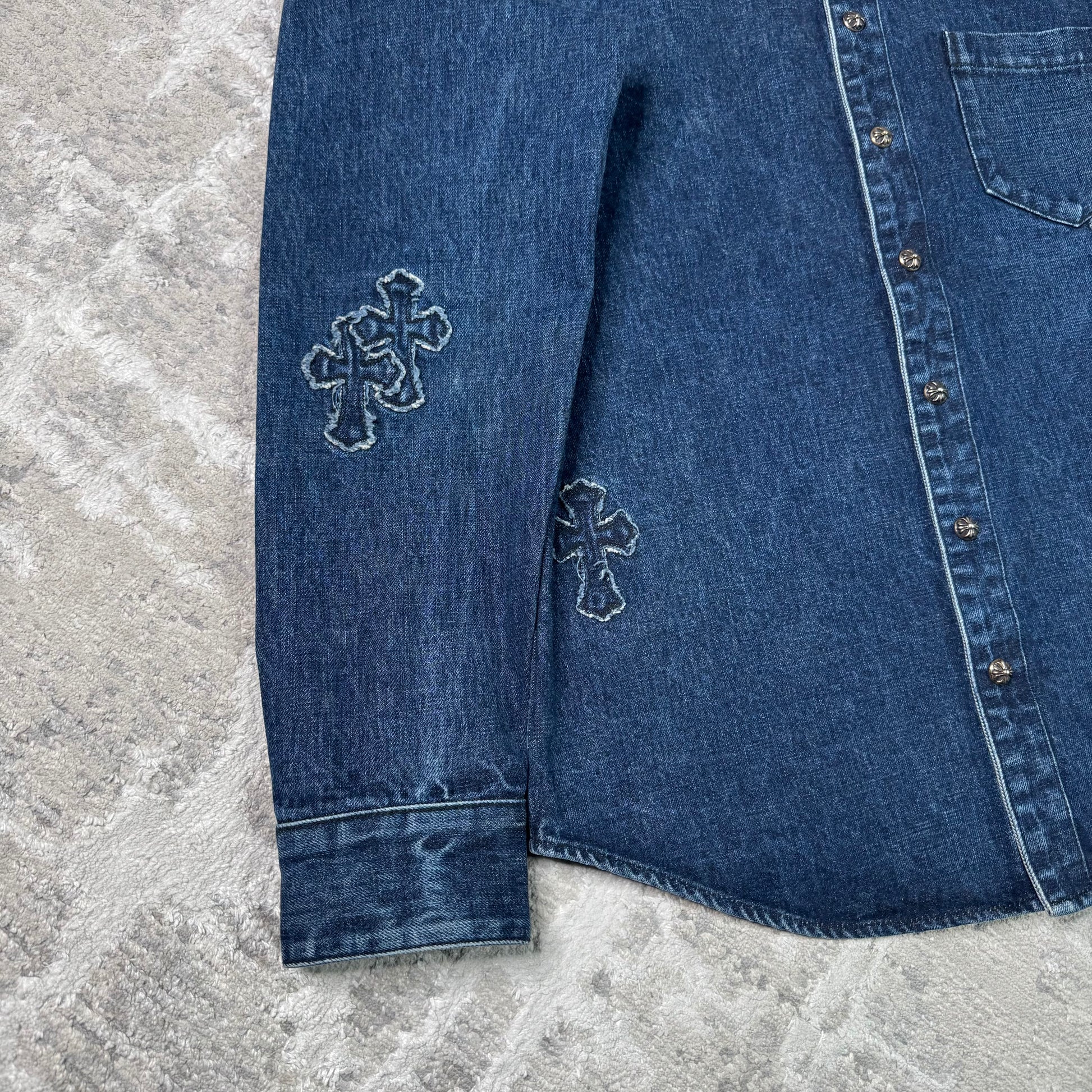 Chrome hearts cutout cross patch denim button up shirt - Million Dollar Streetwear
