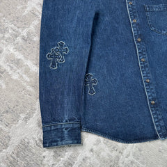 Chrome hearts cutout cross patch denim button up shirt - Million Dollar Streetwear