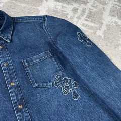 Chrome hearts cutout cross patch denim button up shirt - Million Dollar Streetwear