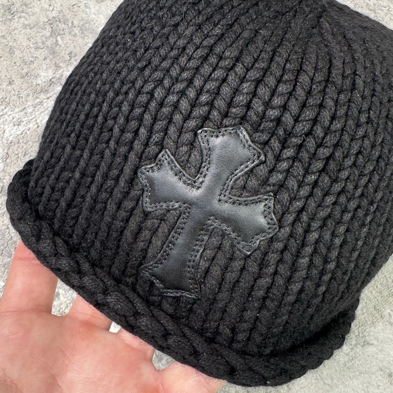 Chrome Hearts Cashmere Leather Patch Cross Beanie Hat 