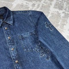 Chrome Hearts Cutout Cross Patch Denim Button Up Shirt 