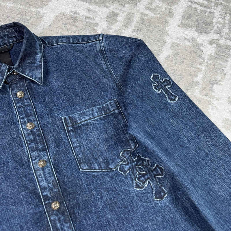 Chrome Hearts Cutout Cross Patch Denim Button Up Shirt 
