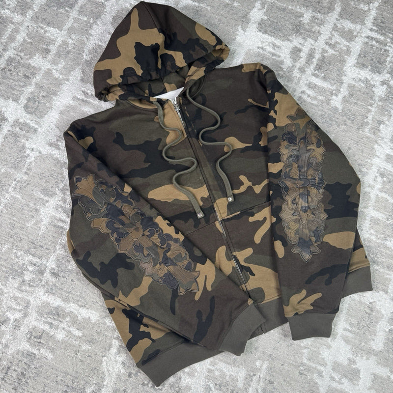 Chrome Hearts Leather Spellout Horseshoe Floral Sleeve Thermal Zip Up Hoodie 