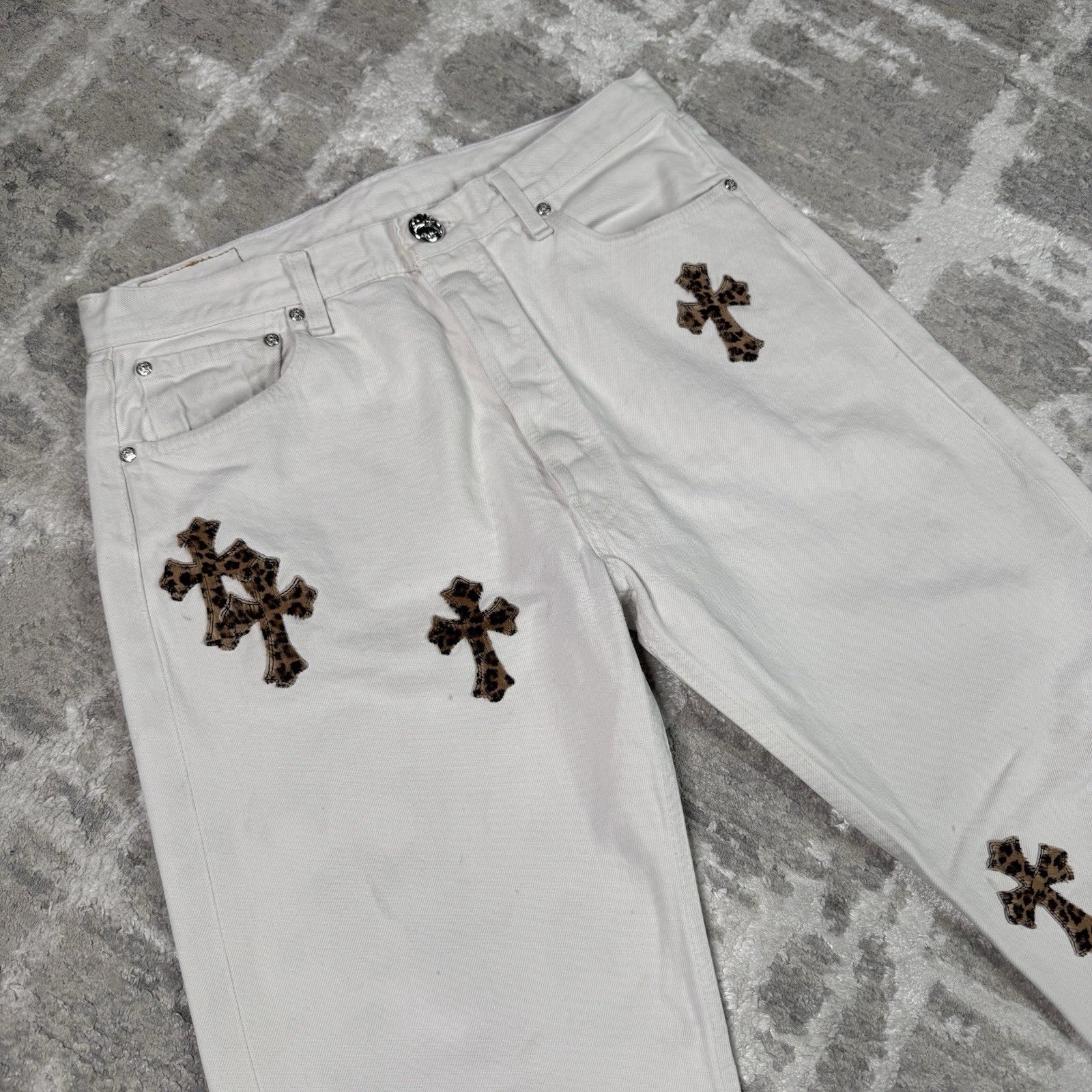 Chrome Hearts Levi 501 Cheetah Cross Patch Denim Jeans 