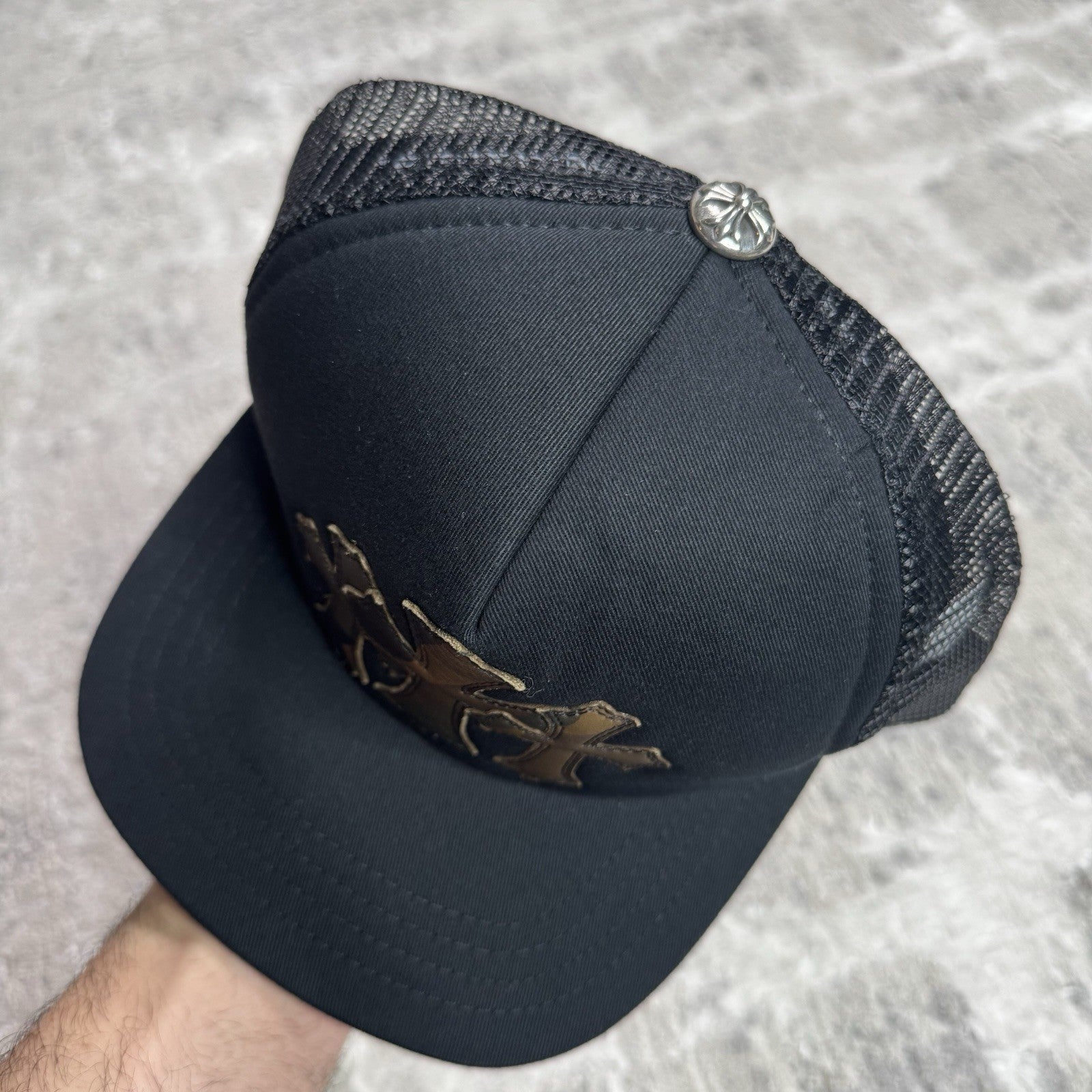 Chrome Hearts Camo Leather Triple Cross Trucker Hat