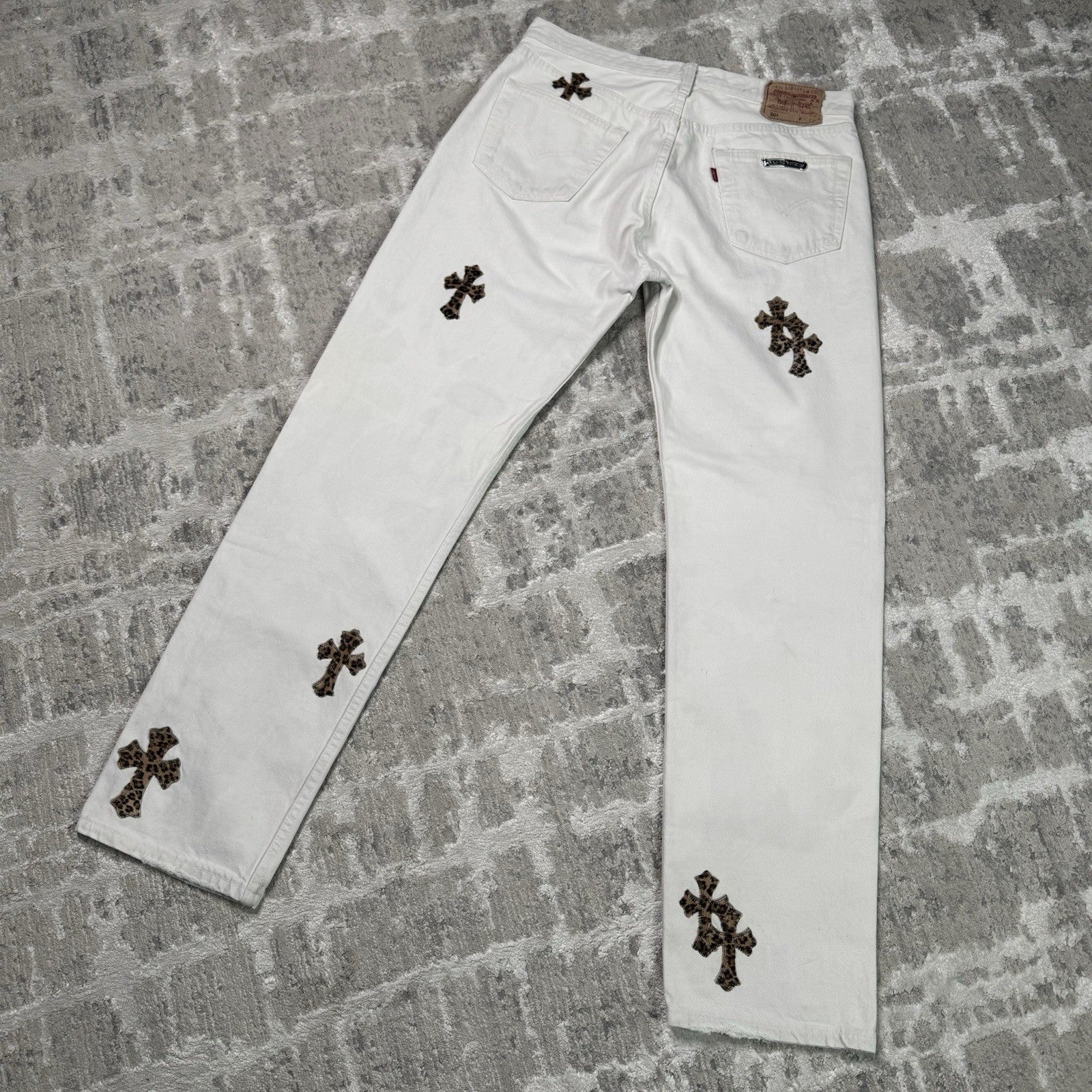 Chrome Hearts Levi 501 Cheetah Cross Patch Denim Jeans 