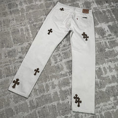 Chrome Hearts Levi 501 Cheetah Cross Patch Denim Jeans 