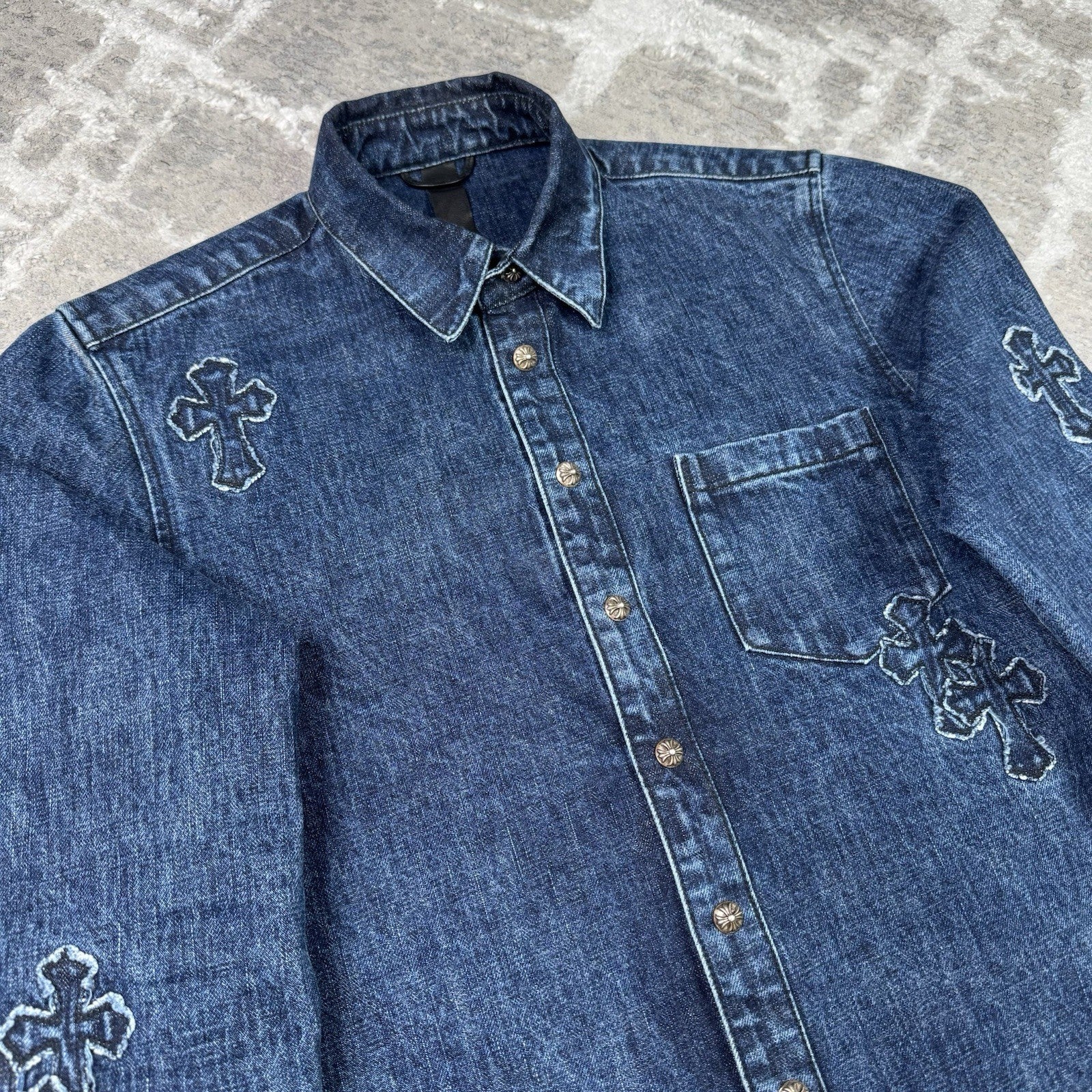 Chrome Hearts Cutout Cross Patch Denim Button Up Shirt 