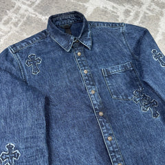 Chrome Hearts Cutout Cross Patch Denim Button Up Shirt 