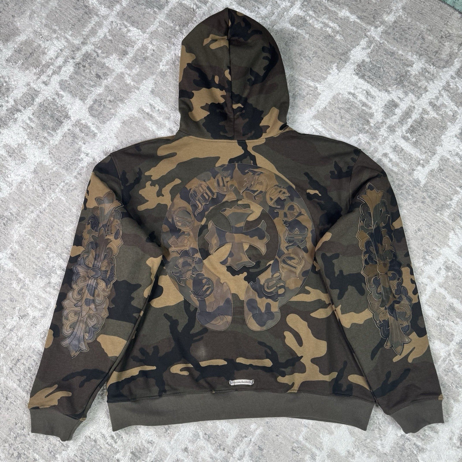 Chrome Hearts Leather Spellout Horseshoe Floral Sleeve Thermal Zip Up Hoodie 
