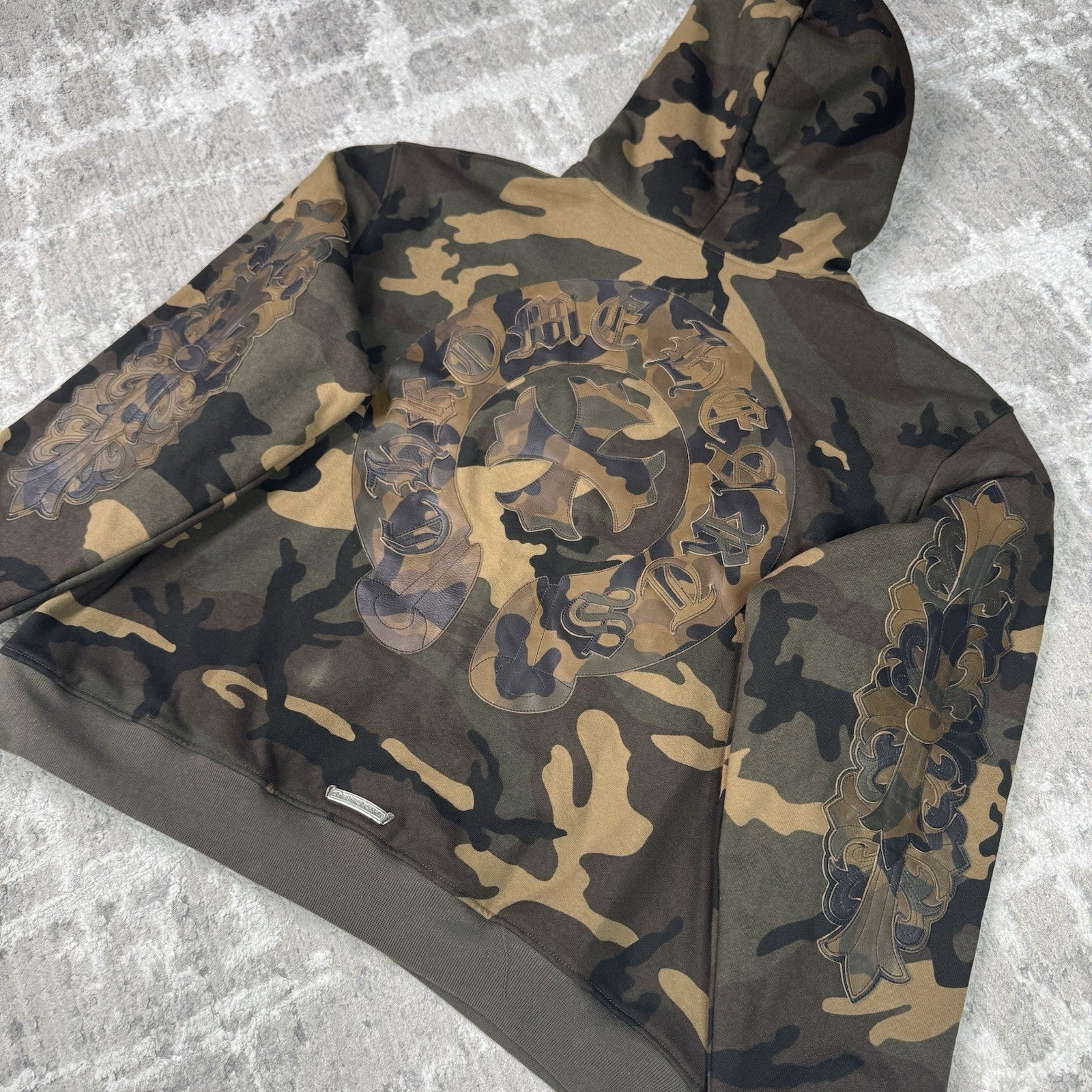 Chrome Hearts Leather Spellout Horseshoe Floral Sleeve Thermal Zip Up Hoodie 