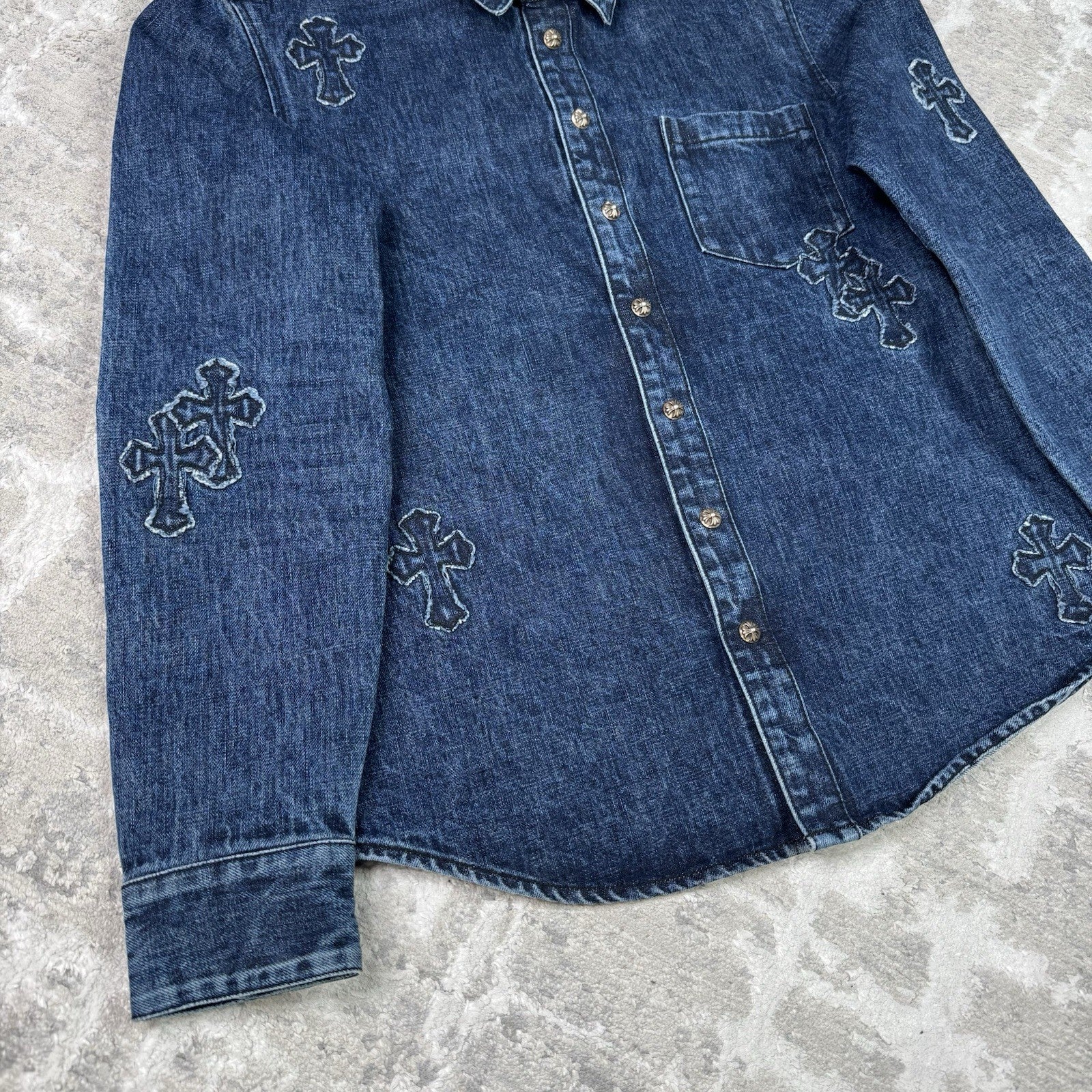 Chrome Hearts Cutout Cross Patch Denim Button Up Shirt 