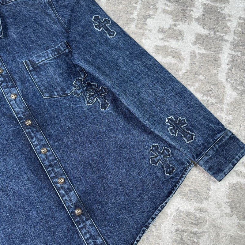 Chrome Hearts Cutout Cross Patch Denim Button Up Shirt 