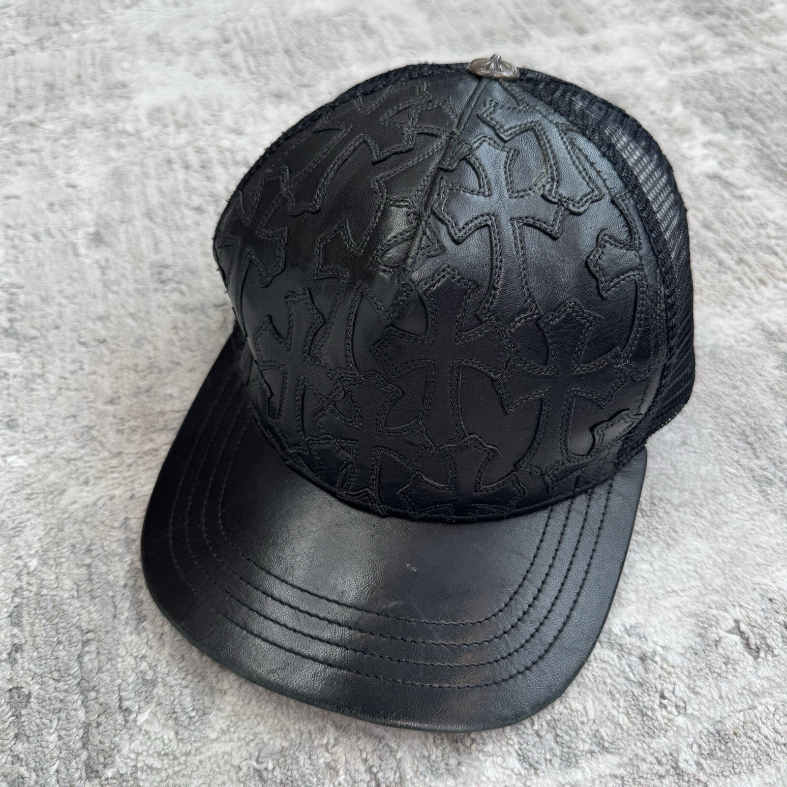 Chrome Hearts Cemetery Leather Cross Patch Trucker Hat