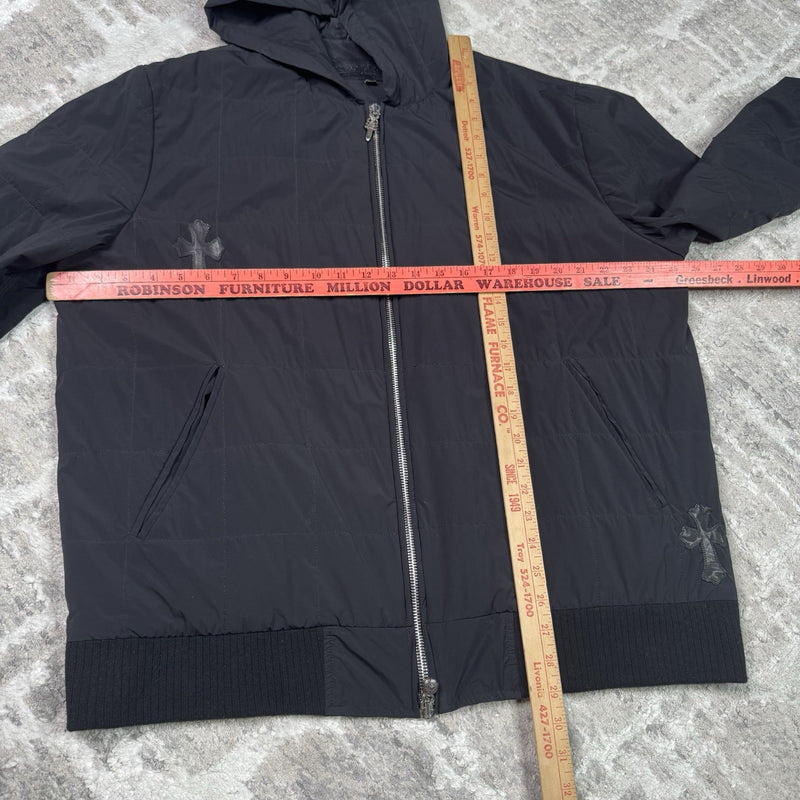 Chrome Hearts Leather Cross Patch Quilted Zip Up Hooded Bomber Jacket 