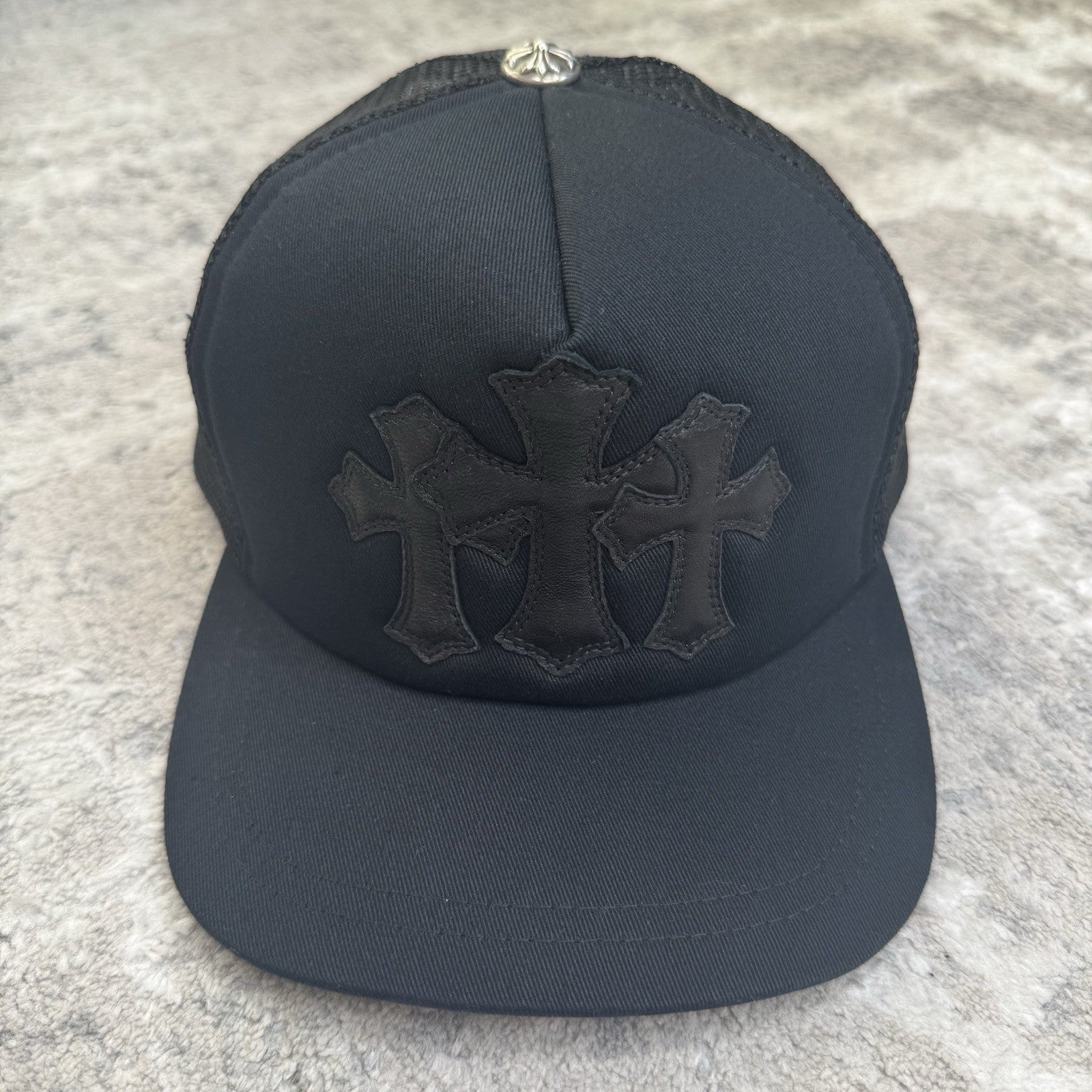 Chrome Hearts Leather Triple Cross Patch Trucker Hat 