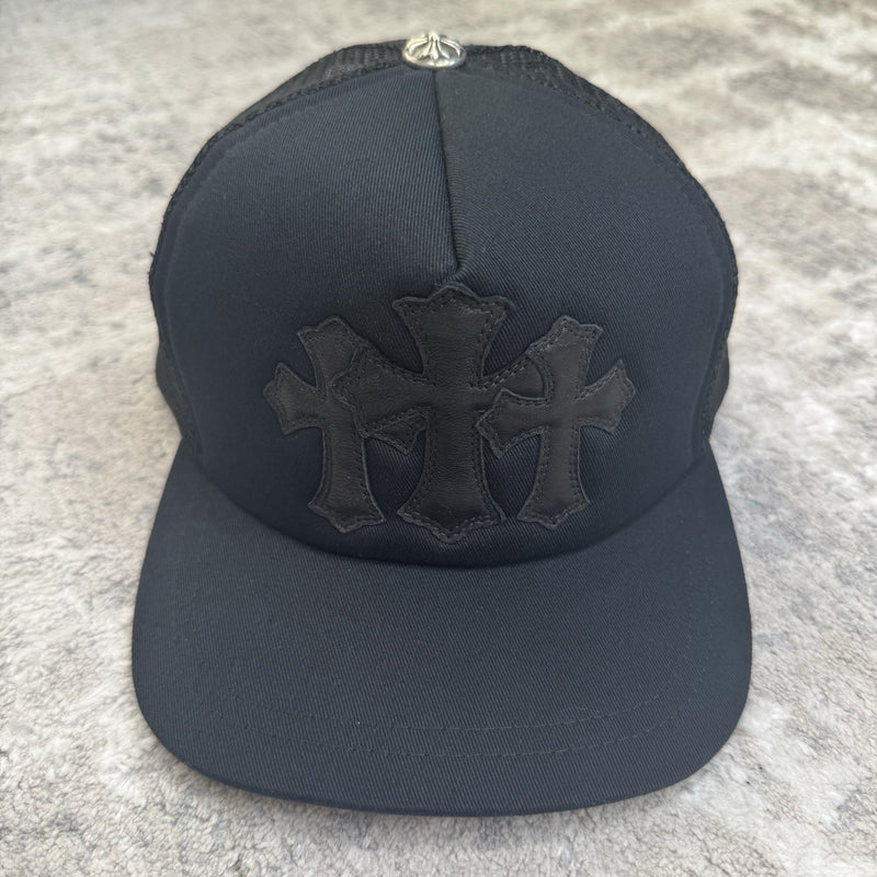 Chrome Hearts Leather Triple Cross Patch Trucker Hat 