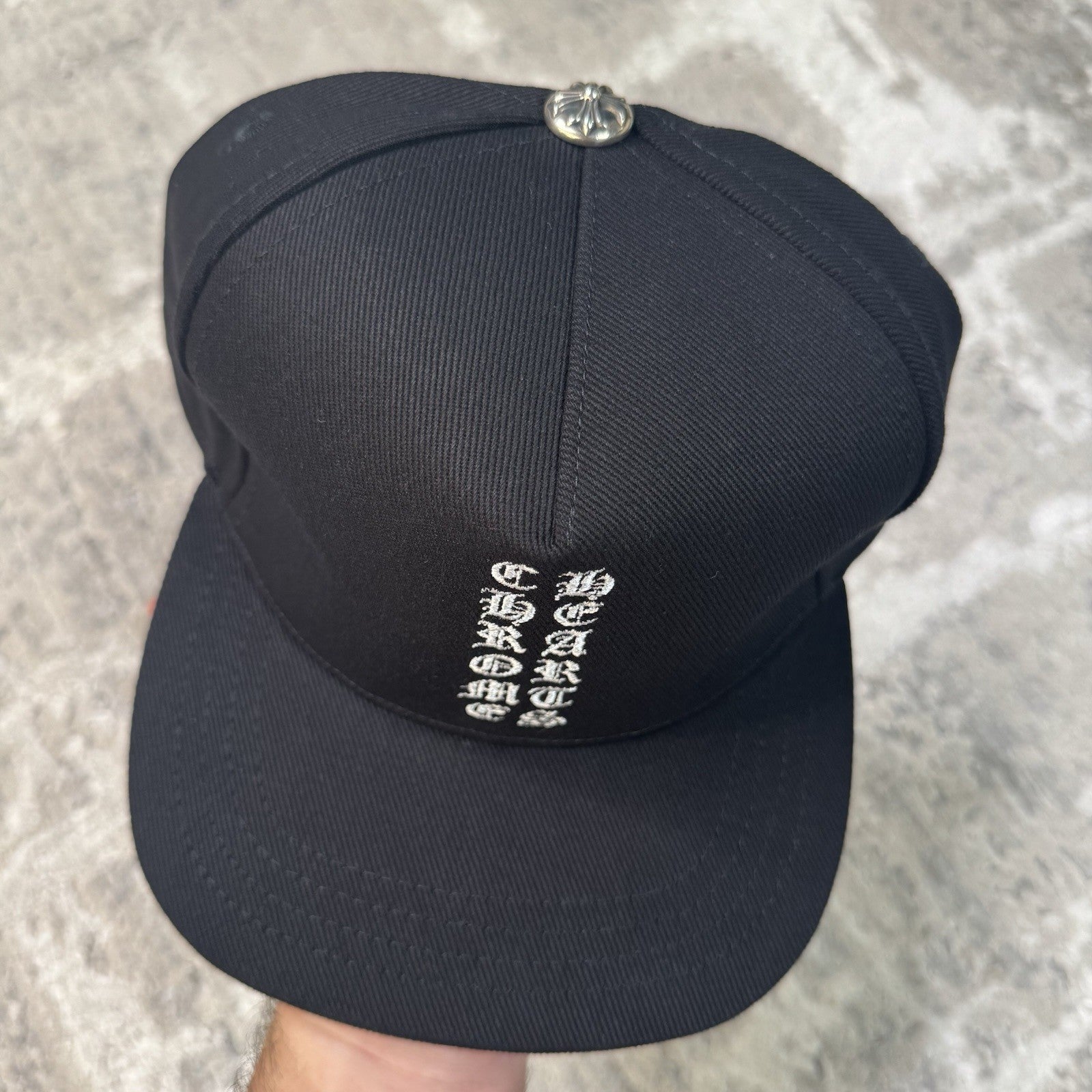 Chrome Hearts Waxed Denim Vertical Logo Baseball Hat 