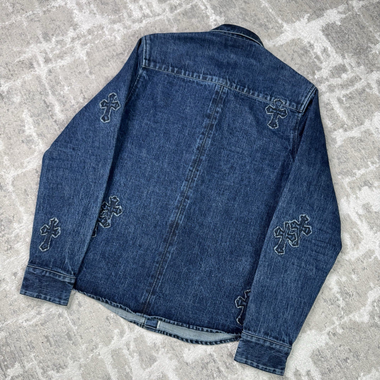 Chrome Hearts Cutout Cross Patch Denim Button Up Shirt 