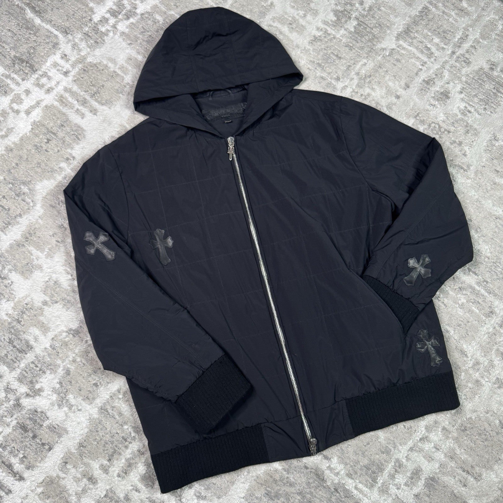 Chrome Hearts Leather Cross Patch Quilted Zip Up Hooded Bomber Jacket 
