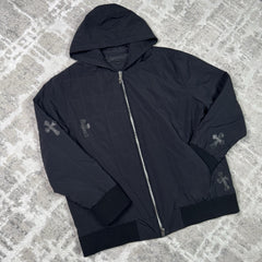 Chrome Hearts Leather Cross Patch Quilted Zip Up Hooded Bomber Jacket 