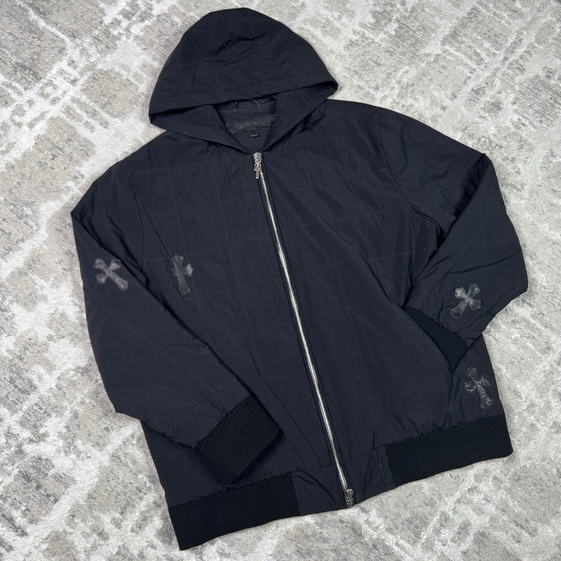 Chrome Hearts Leather Cross Patch Quilted Zip Up Hooded Bomber Jacket 