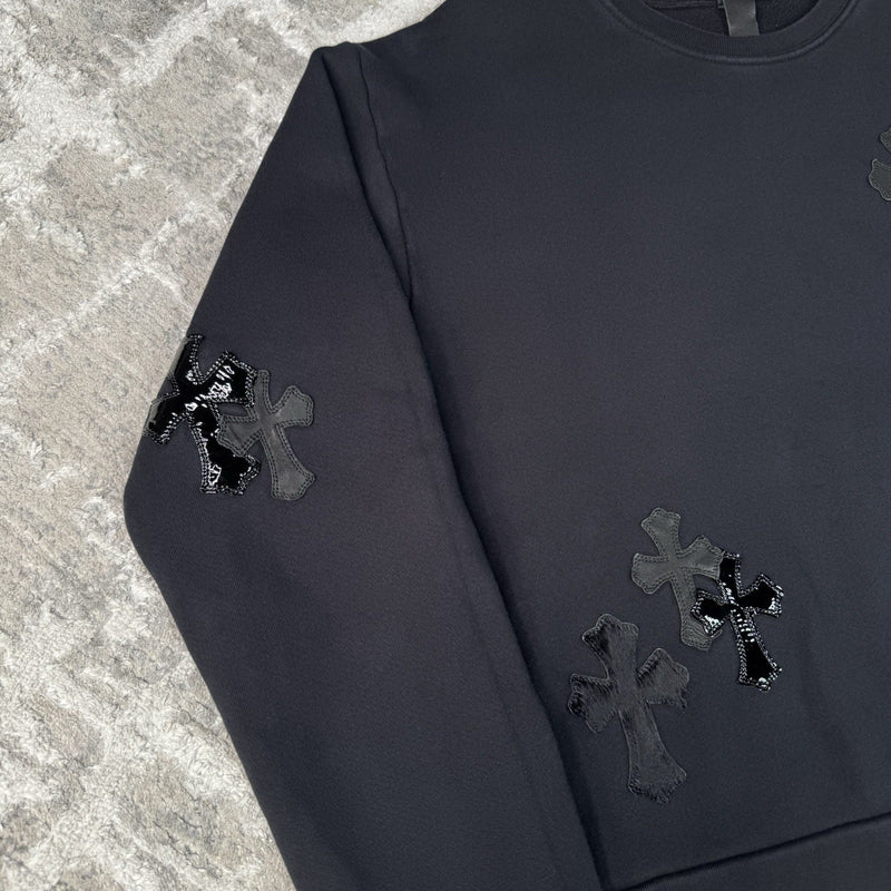 Chrome Hearts Leather Multi Cross Patch Pullover Crewneck Sweatshirt 