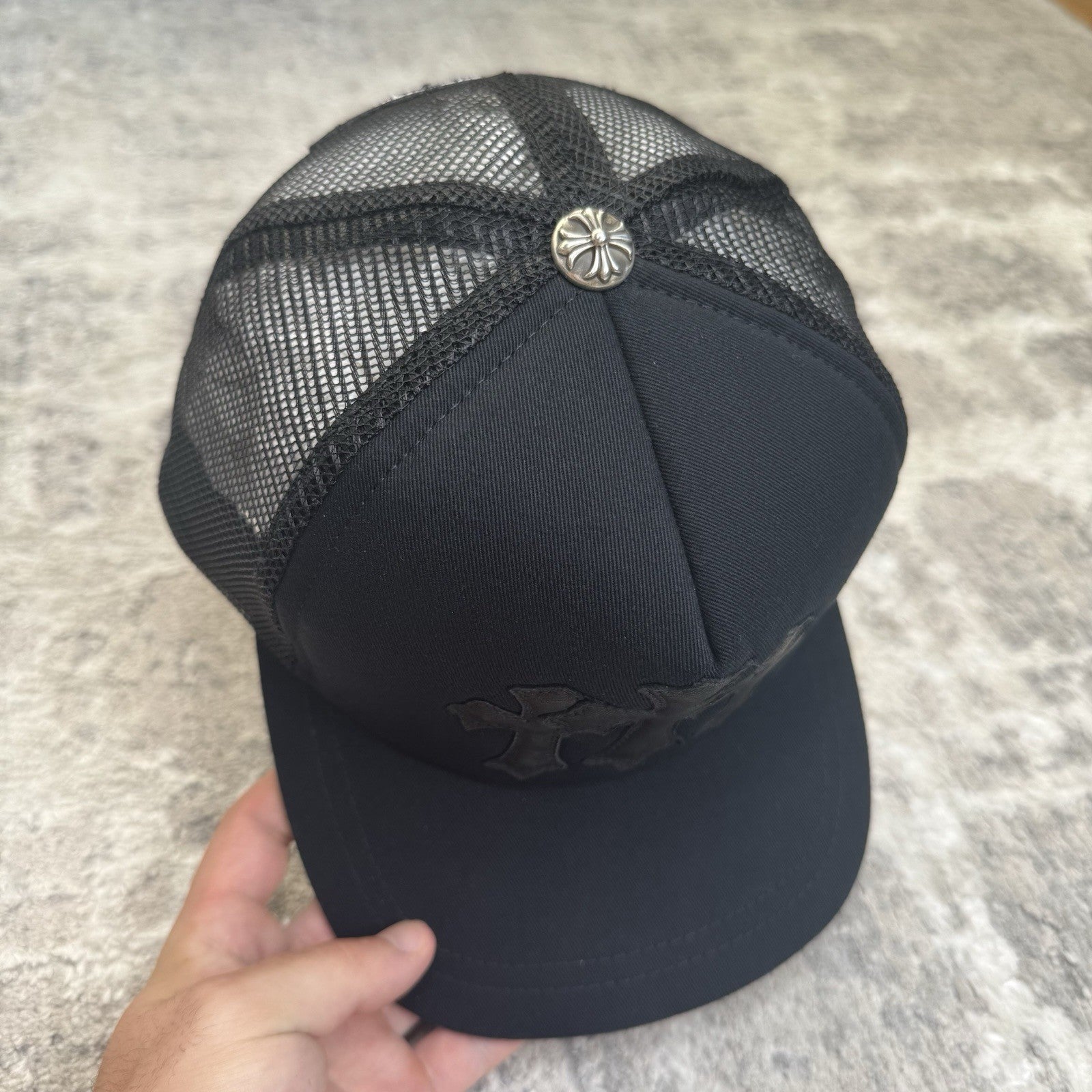 Chrome Hearts Leather Triple Cross Patch Trucker Hat 
