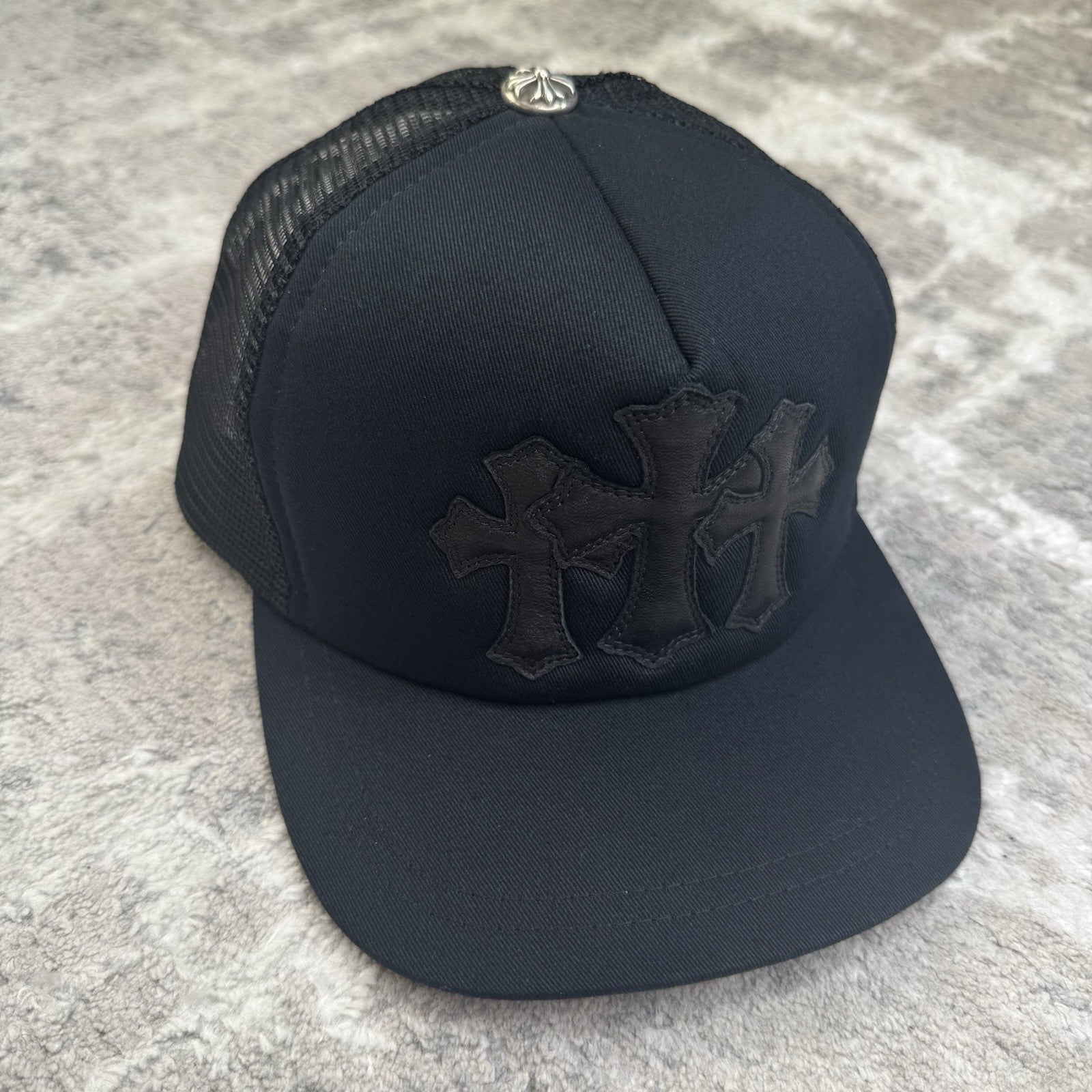 Chrome Hearts Leather Triple Cross Patch Trucker Hat 