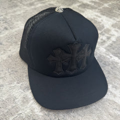 Chrome Hearts Leather Triple Cross Patch Trucker Hat 