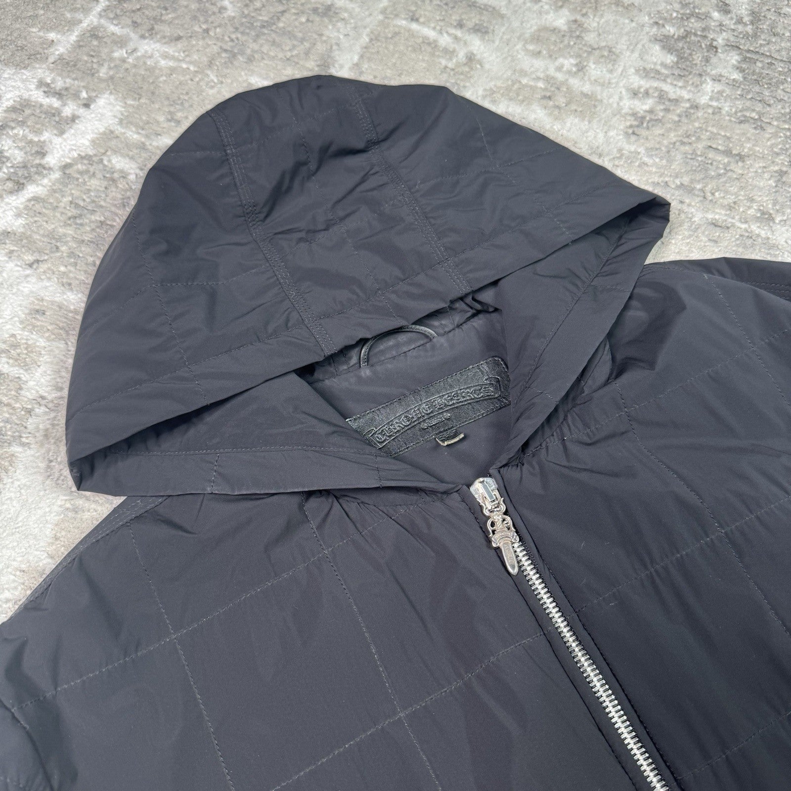 Chrome Hearts Leather Cross Patch Quilted Zip Up Hooded Bomber Jacket 