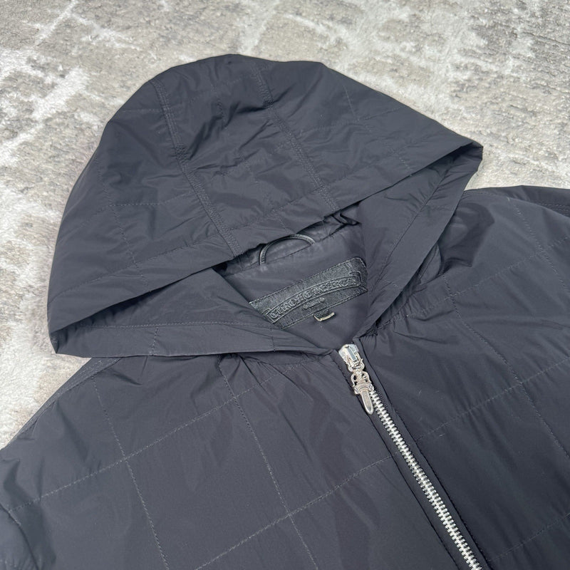 Chrome Hearts Leather Cross Patch Quilted Zip Up Hooded Bomber Jacket 