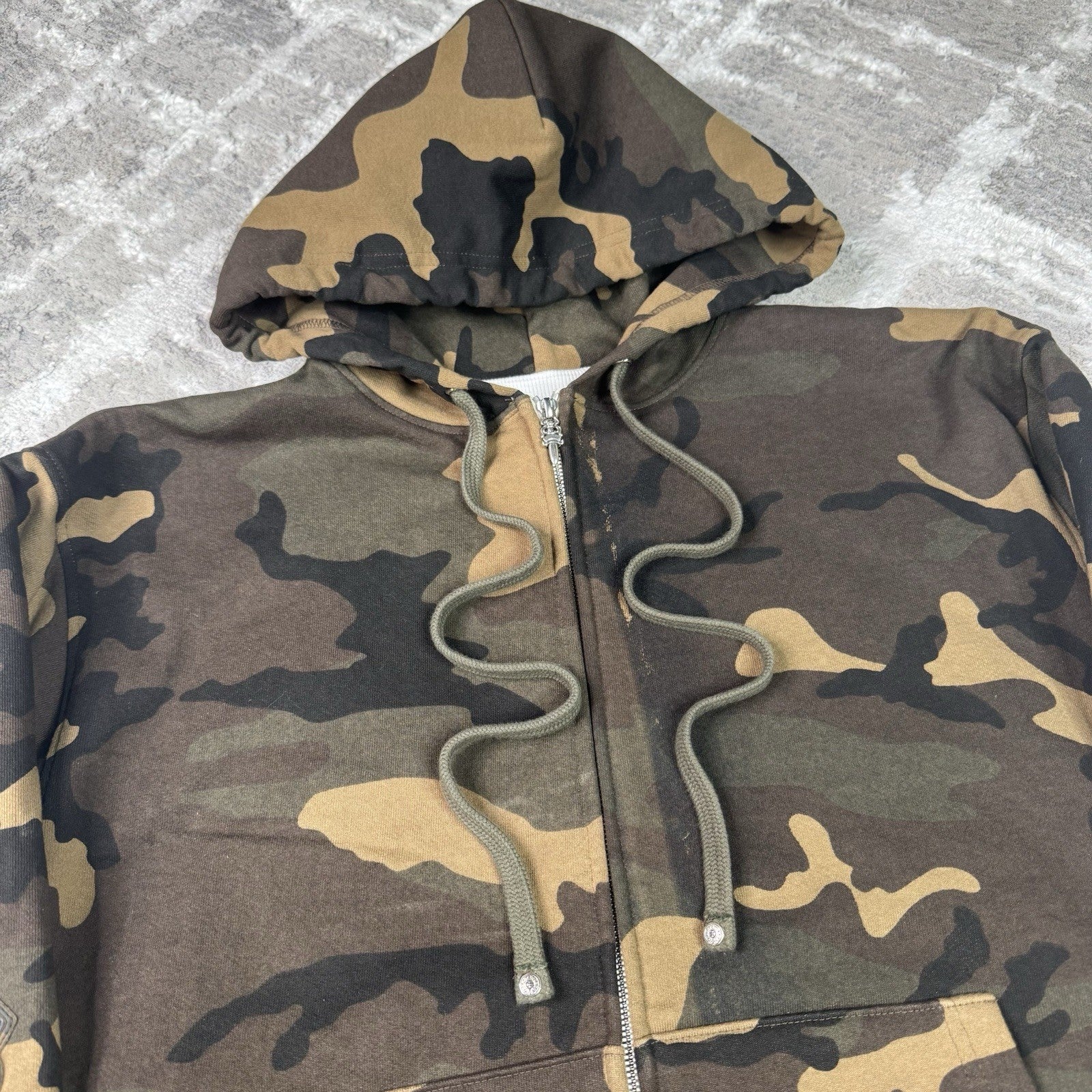 Chrome Hearts Leather Spellout Horseshoe Floral Sleeve Thermal Zip Up Hoodie 