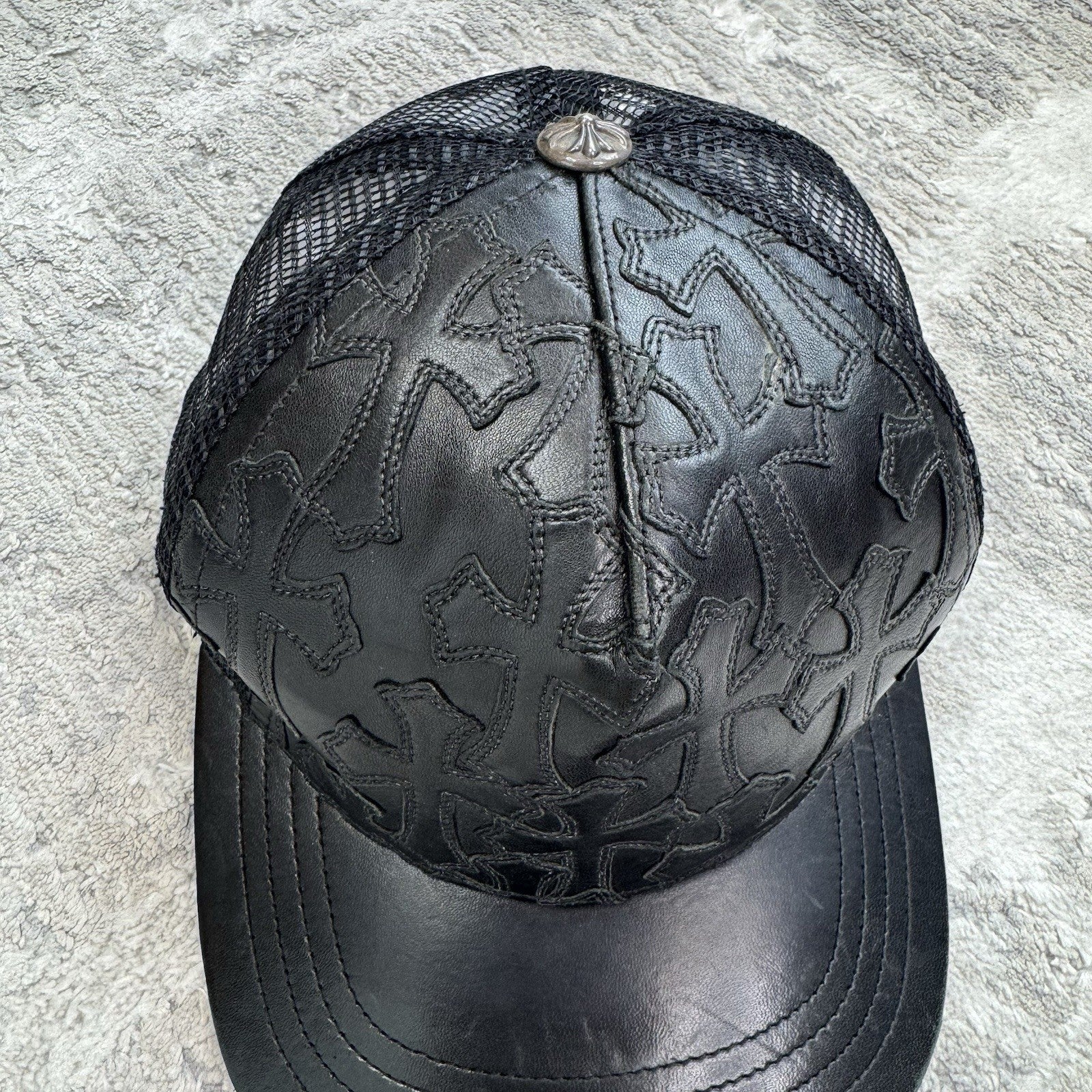 Chrome Hearts Cemetery Leather Cross Patch Trucker Hat