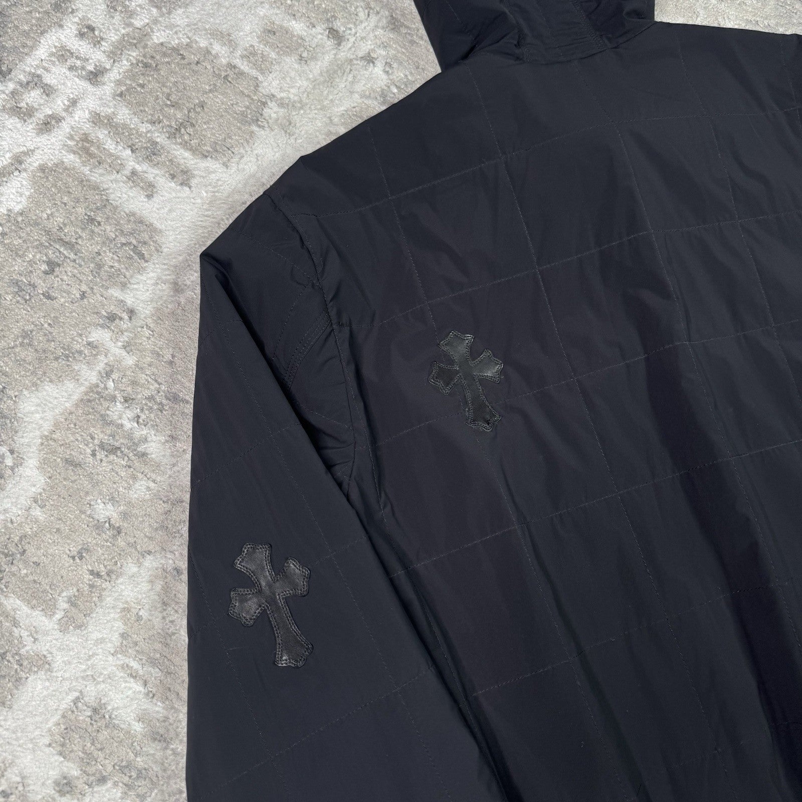 Chrome Hearts Leather Cross Patch Quilted Zip Up Hooded Bomber Jacket 