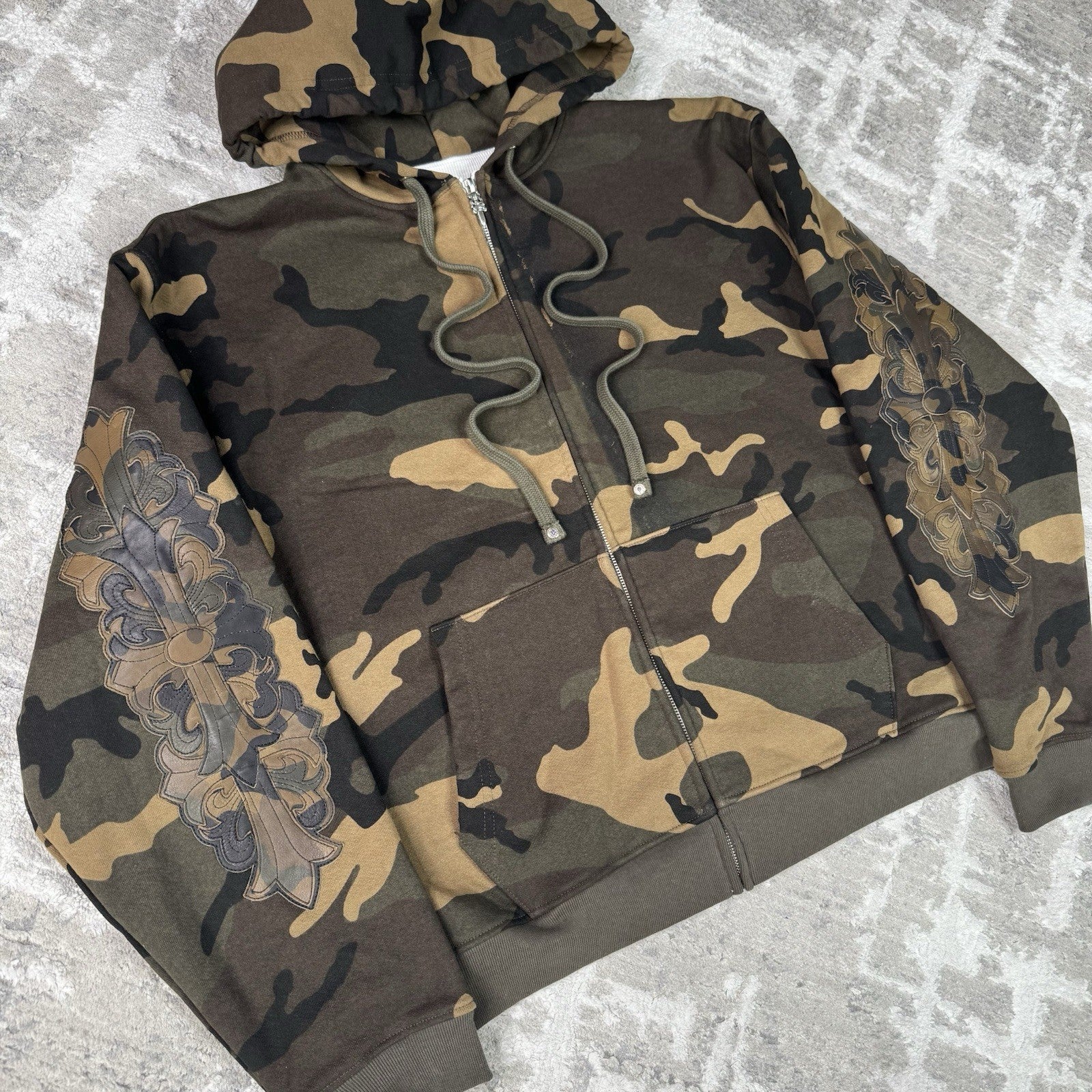 Chrome Hearts Leather Spellout Horseshoe Floral Sleeve Thermal Zip Up Hoodie 