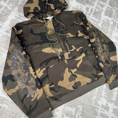 Chrome Hearts Leather Spellout Horseshoe Floral Sleeve Thermal Zip Up Hoodie 