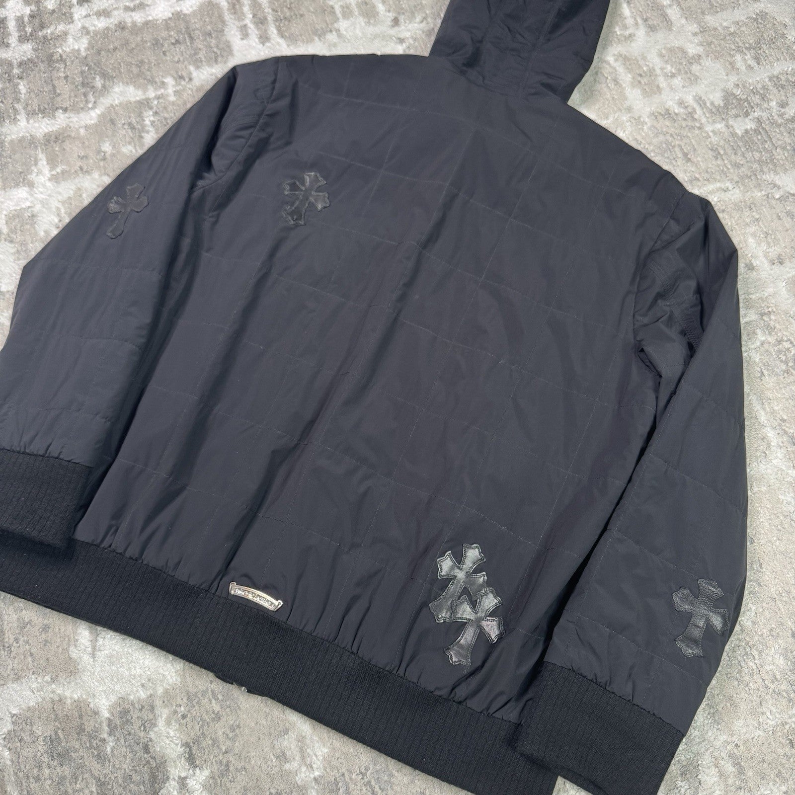 Chrome Hearts Leather Cross Patch Quilted Zip Up Hooded Bomber Jacket 