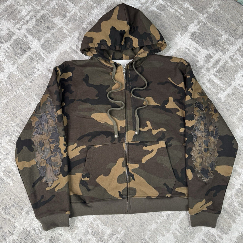 Chrome Hearts Leather Spellout Horseshoe Floral Sleeve Thermal Zip Up Hoodie 