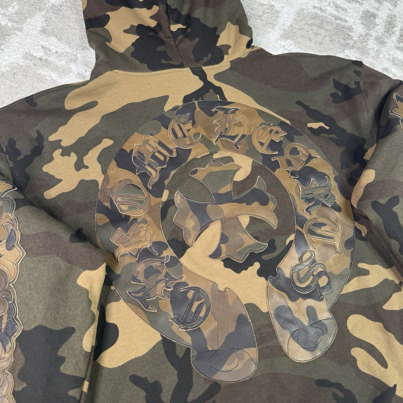 Chrome Hearts Leather Spellout Horseshoe Floral Sleeve Thermal Zip Up Hoodie 