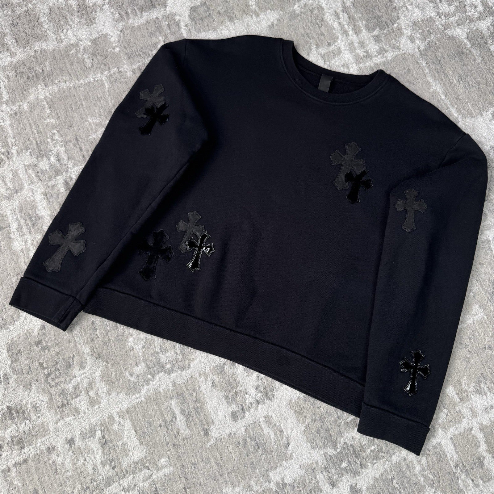 Chrome Hearts Leather Multi Cross Patch Pullover Crewneck Sweatshirt 