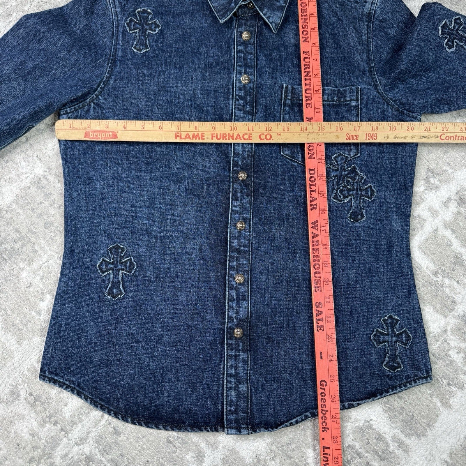 Chrome Hearts Cutout Cross Patch Denim Button Up Shirt 