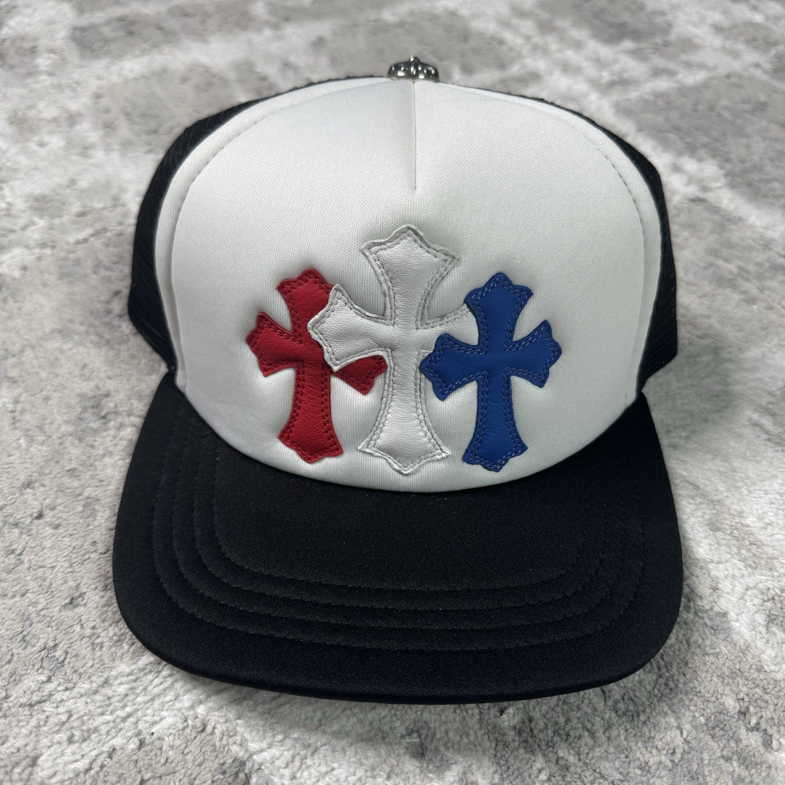 Chrome Hearts USA Leather Triple Cross Patch Trucker Hat 