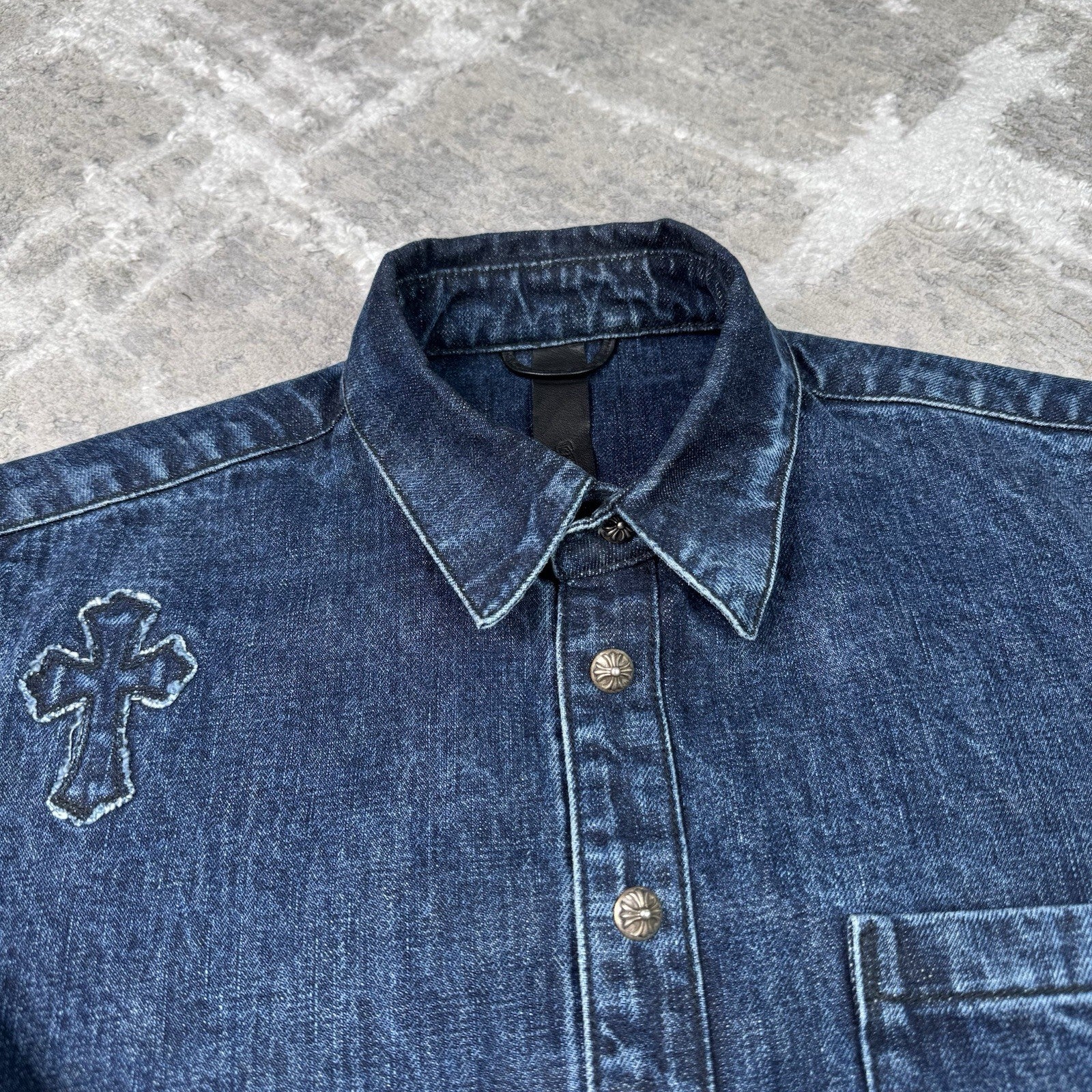 Chrome Hearts Cutout Cross Patch Denim Button Up Shirt 