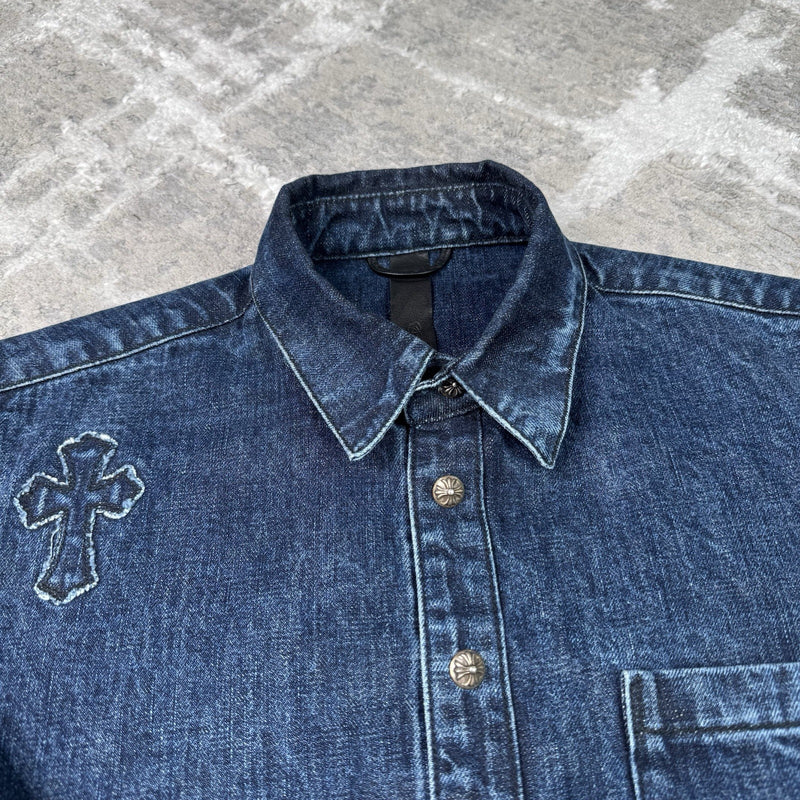 Chrome Hearts Cutout Cross Patch Denim Button Up Shirt 