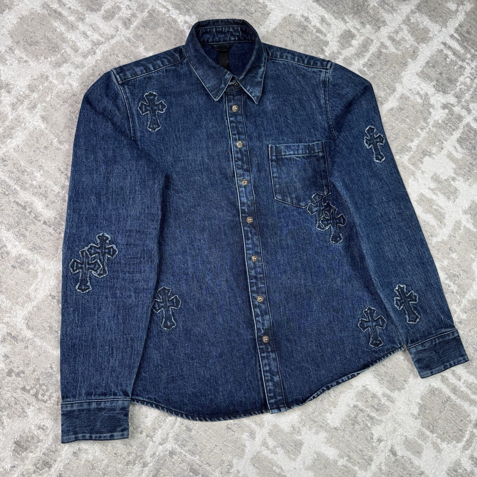Chrome Hearts Cutout Cross Patch Denim Button Up Shirt 