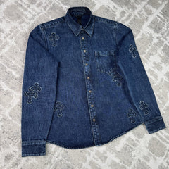 Chrome Hearts Cutout Cross Patch Denim Button Up Shirt 